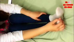 Chinese Girl Bandages her Stub Toes after taking off Socks and Nylons