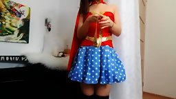 Asian Korean Nerd Plays With Herself in Wonder Woman Costume